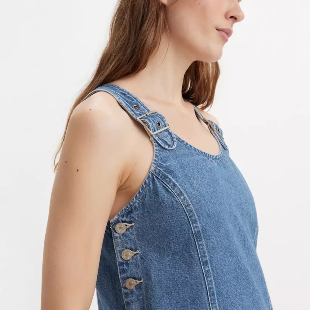 Levi’s Denim Pinafore Dress Large Sleeveless Buckle Strap Jumper Overall Dress - Picture 4 of 15